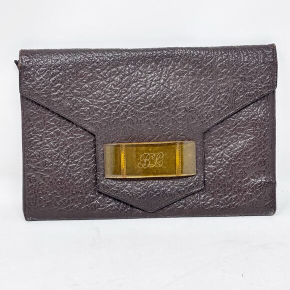 40s-50s Art Deco Brown Pebbled Leather Clutch with Bakelite Snap Closure - Picture 12 of 12